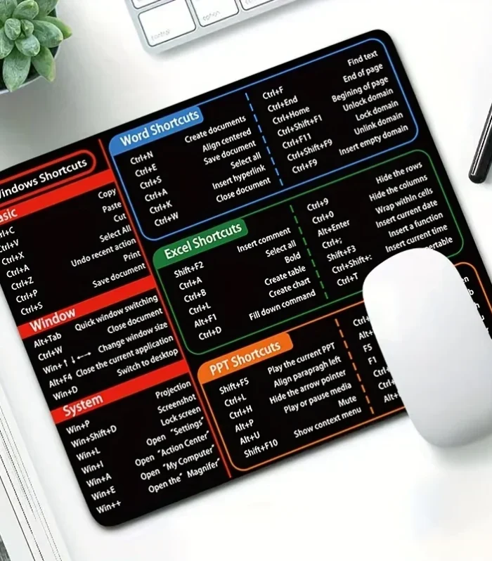 Office Shortcut Mouse Pad – Excel, Word & PPT Hotkeys Desk Mat (22×18cm)