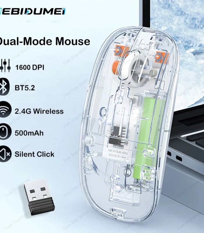 Transparent Dual-Mode Wireless Mouse – Bluetooth 5.2 & 2.4G Silent Click
