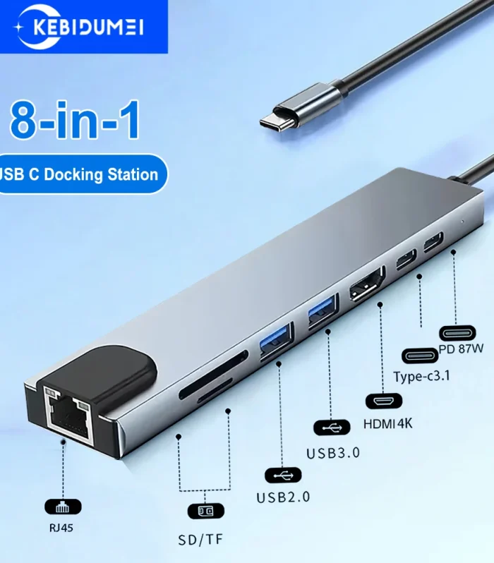8-in-1 USB-C Multiport Hub – 4K HDMI, USB 3.0, Ethernet & SD Card Dock