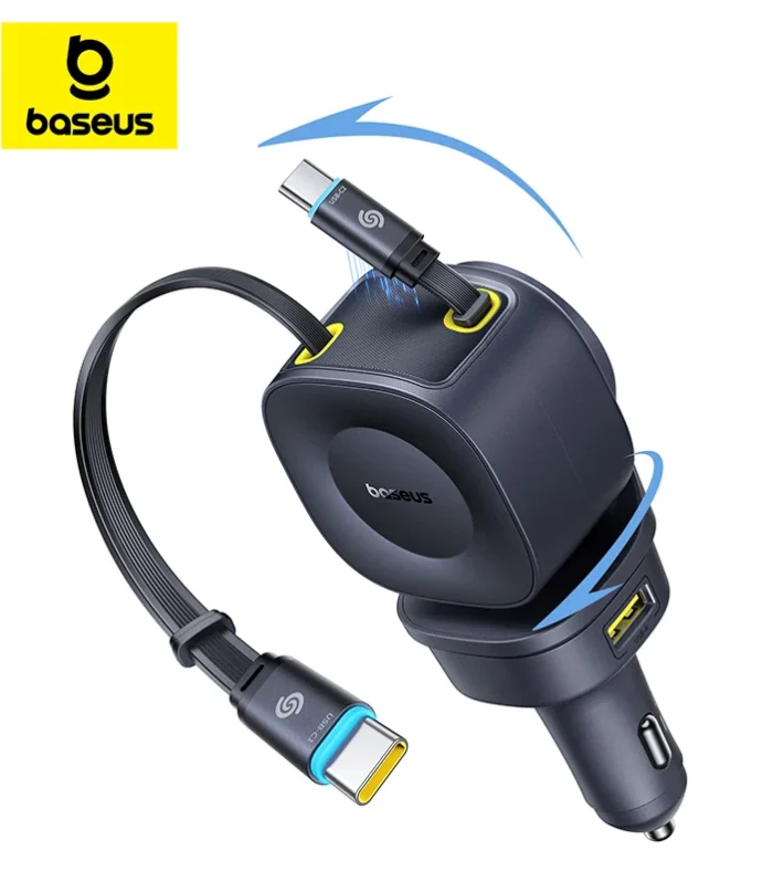 4-Port Retractable Car Charger – Dual Built-in Cables + USB Fast Charge