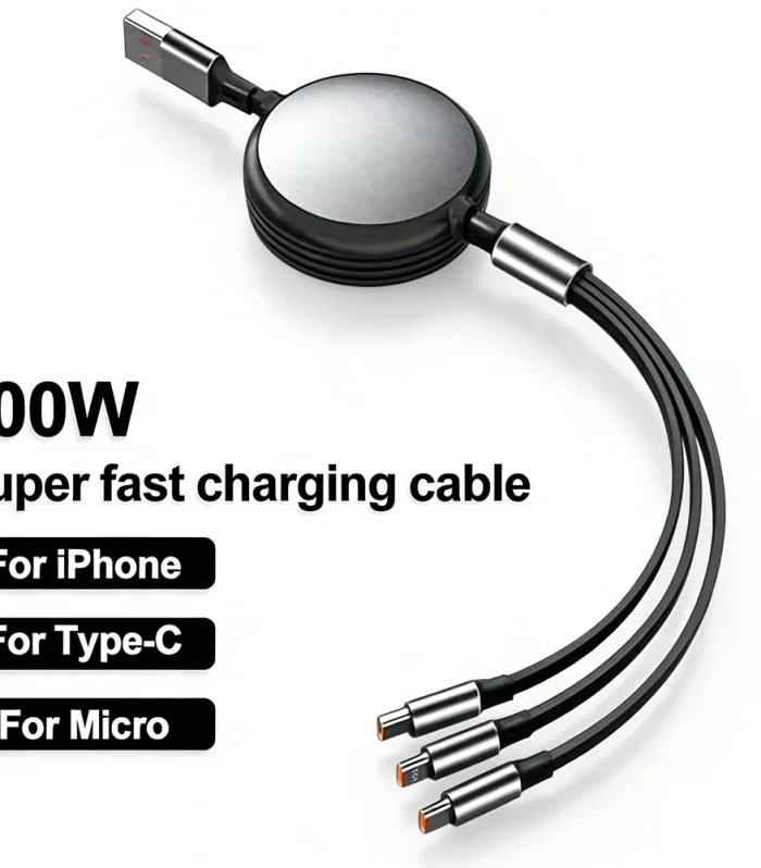 3-in-1 Retractable Fast Charging Cable 100W – Lightning, Type-C & Micro USB